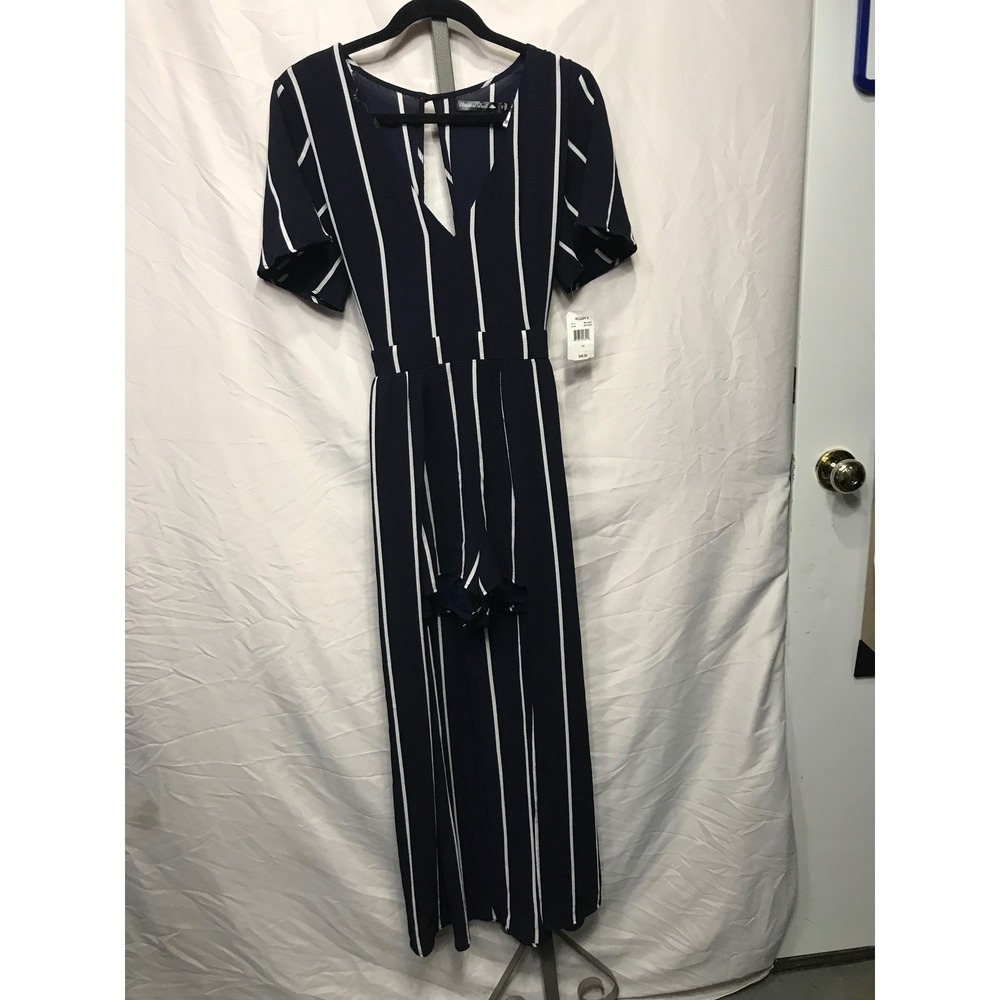 Crystal Doll Navy Ivory Stripe Wide Leg Jumpsuit Keyhole Tie Waist Size 11